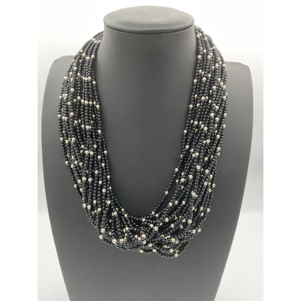 Vintage Multi-Strand Black & Silver Beaded Necklace With Lobster Claw Clasp